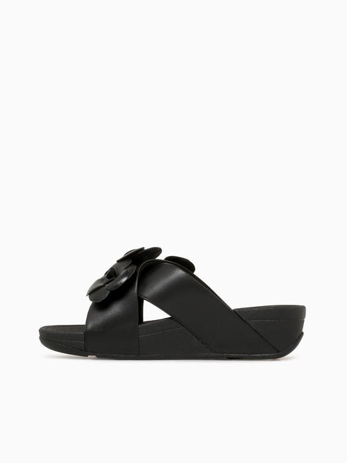 Lulu Flower Cross Slide Black Leather Black / 5 / M