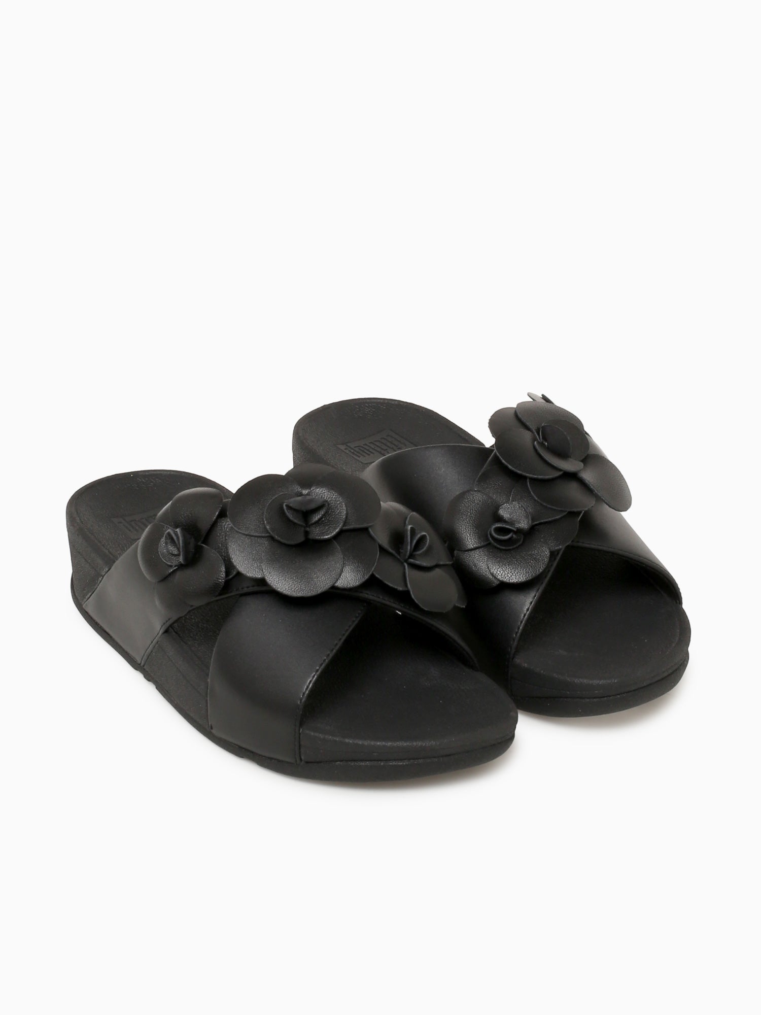 Lulu Flower Cross Slide Black Leather Black / 5 / M