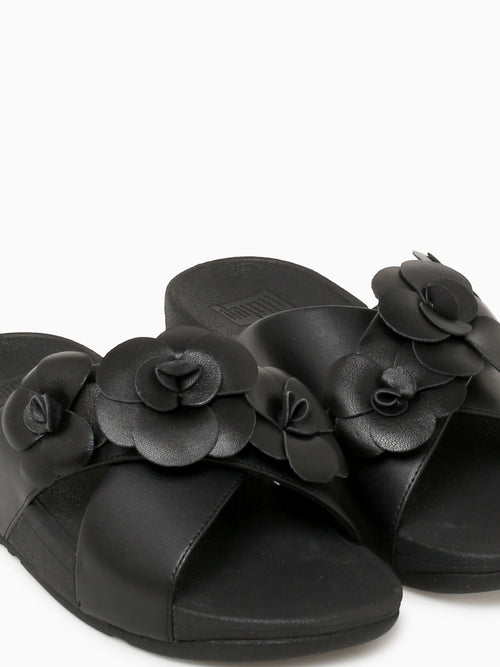 Lulu Flower Cross Slide Black Leather Black / 5 / M