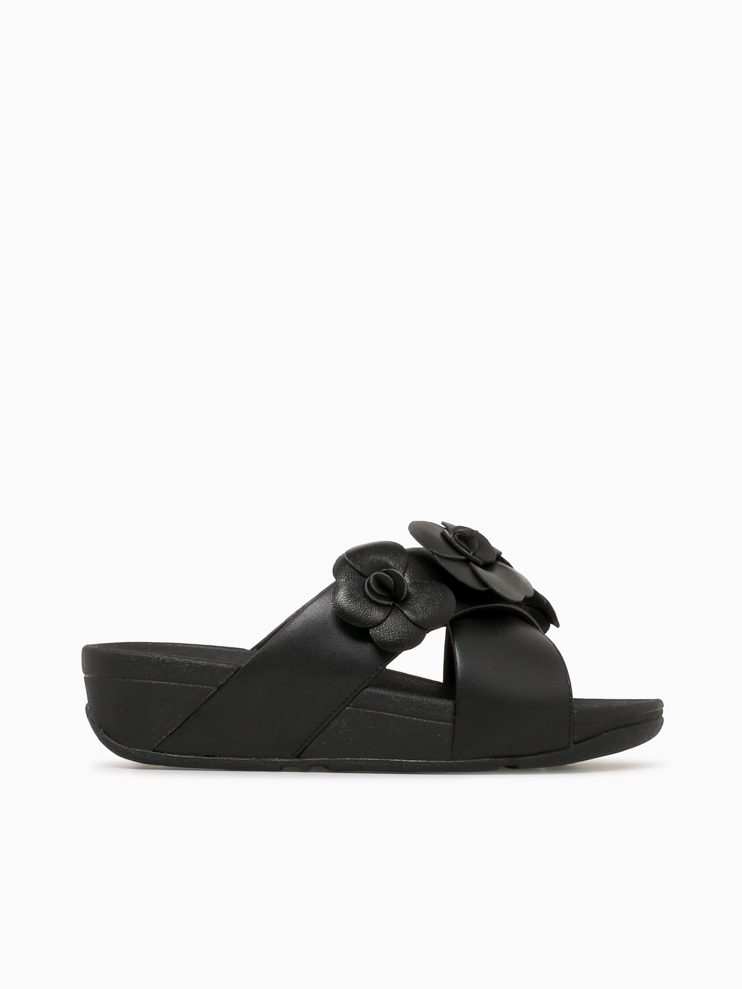 Lulu Flower Cross Slide Black Leather Black / 5 / M