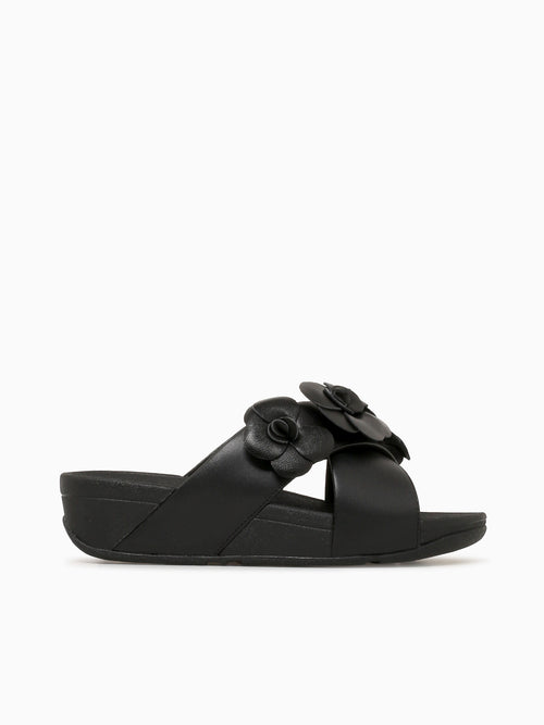 Lulu Flower Cross Slide Black Leather Black / 5 / M
