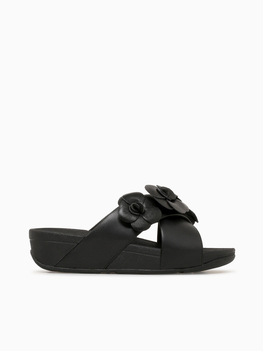 Lulu Flower Cross Slide Black Leather Black / 5 / M