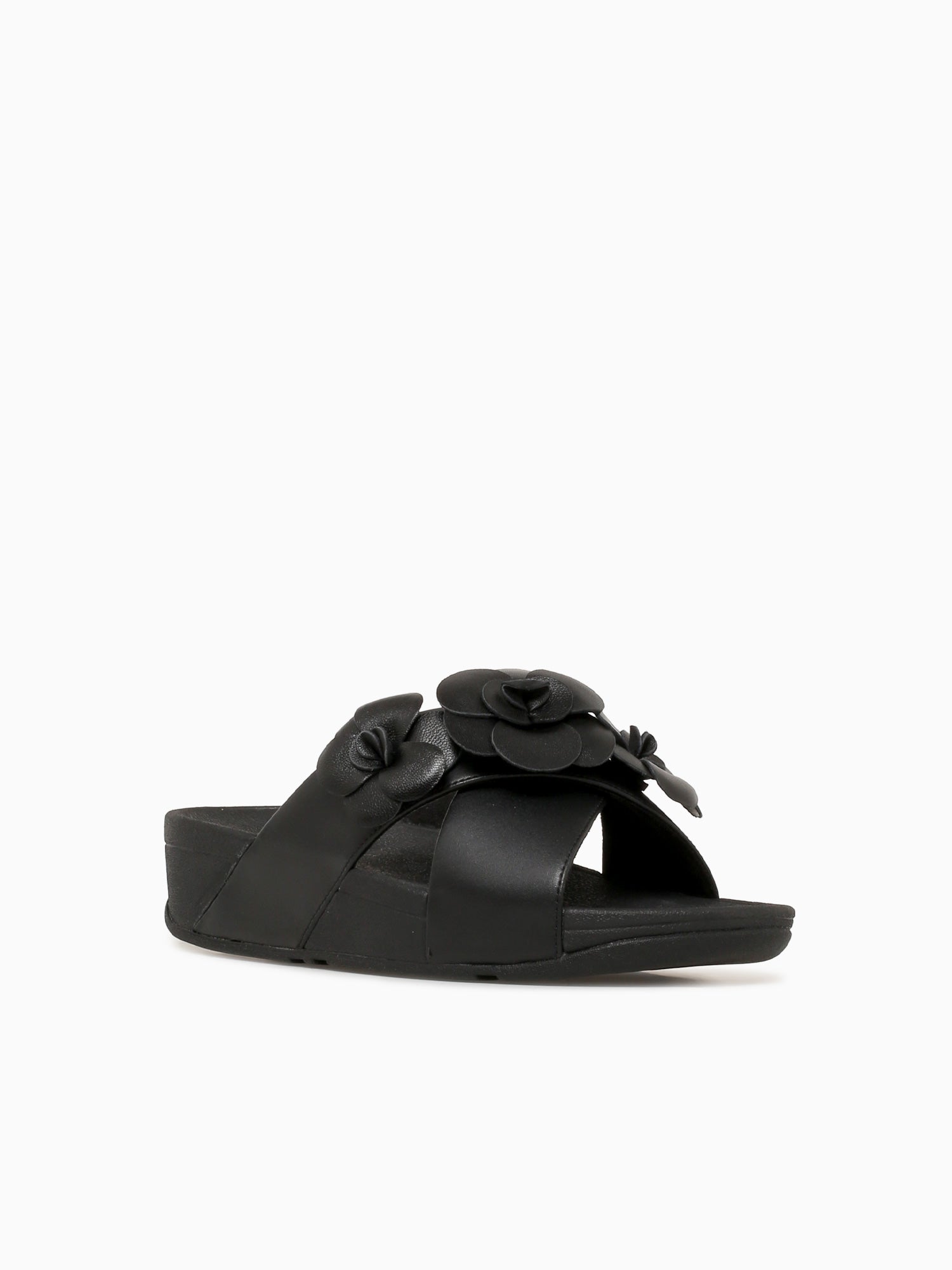 Lulu Flower Cross Slide Black Leather Black / 5 / M