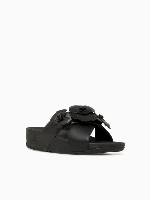 Lulu Flower Cross Slide Black Leather Black / 5 / M