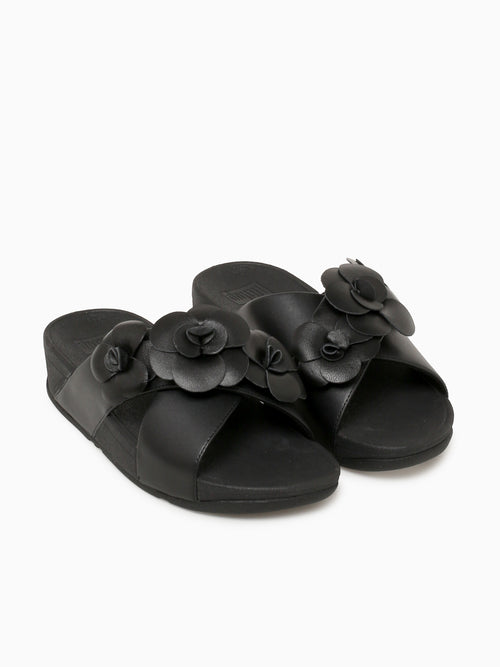 Lulu Flower Cross Slide Black Leather Black / 5 / M