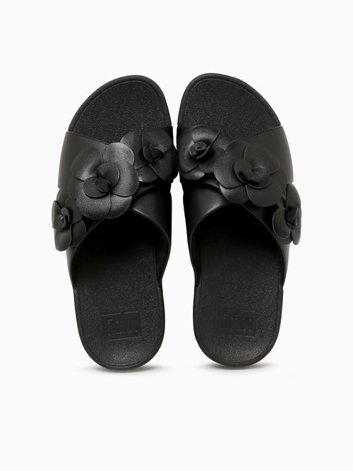 Lulu Flower Cross Slide Black Leather Black / 5 / M